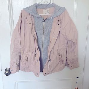 Pink utility jacket with faux grey hoodie